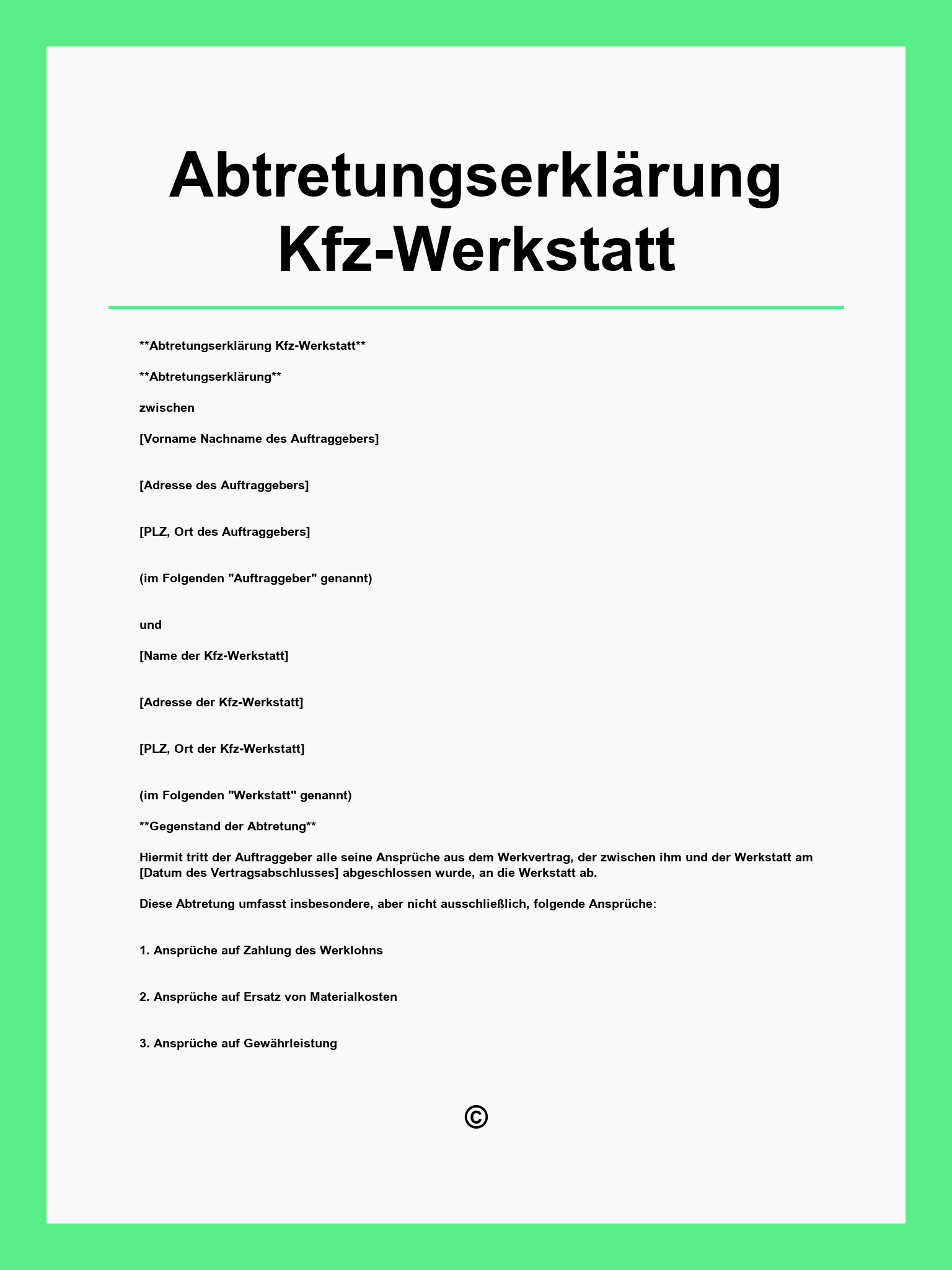 Abtretungserklärung Kfz-Werkstatt