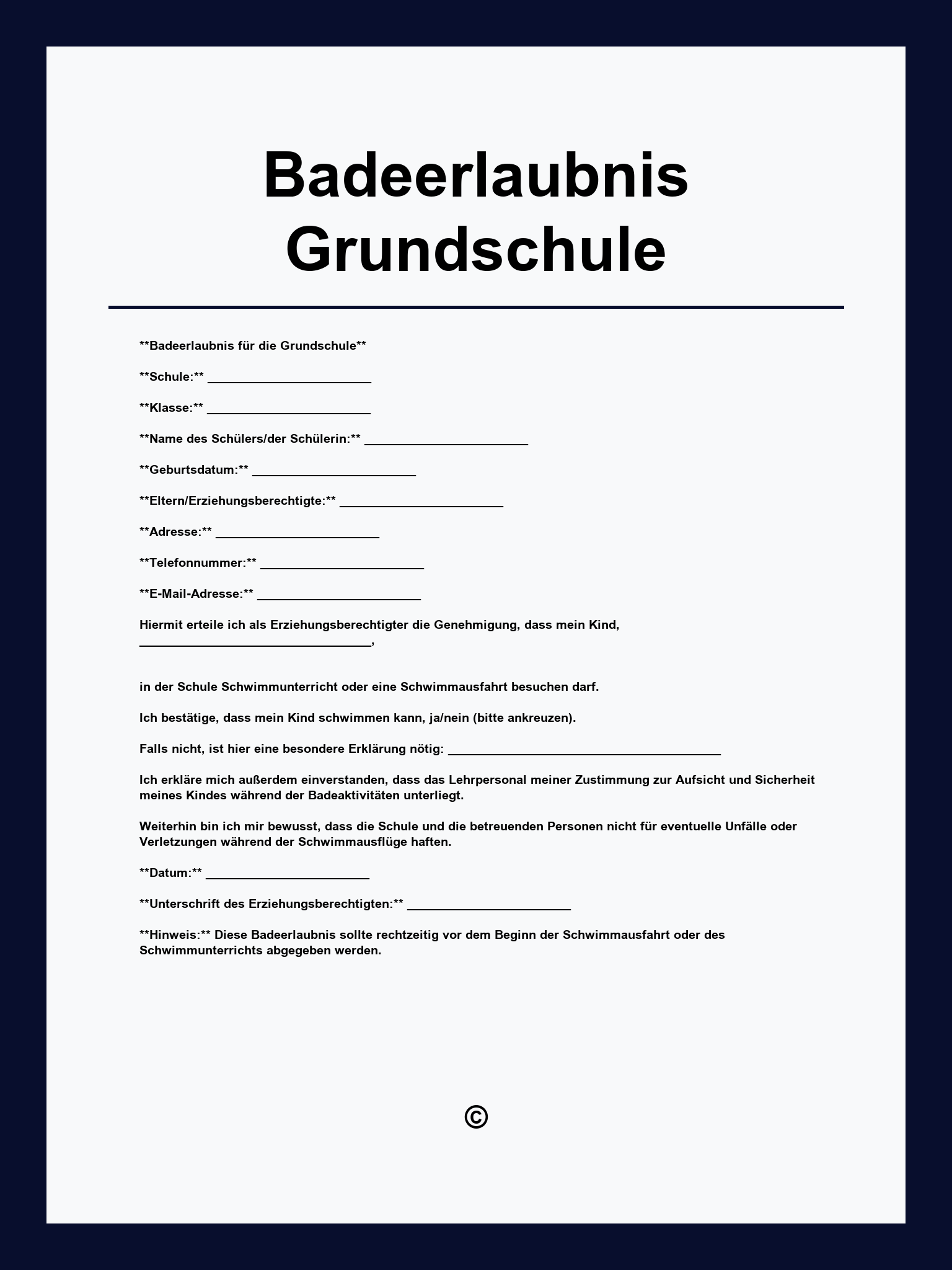 Badeerlaubnis Vorlage Grundschule