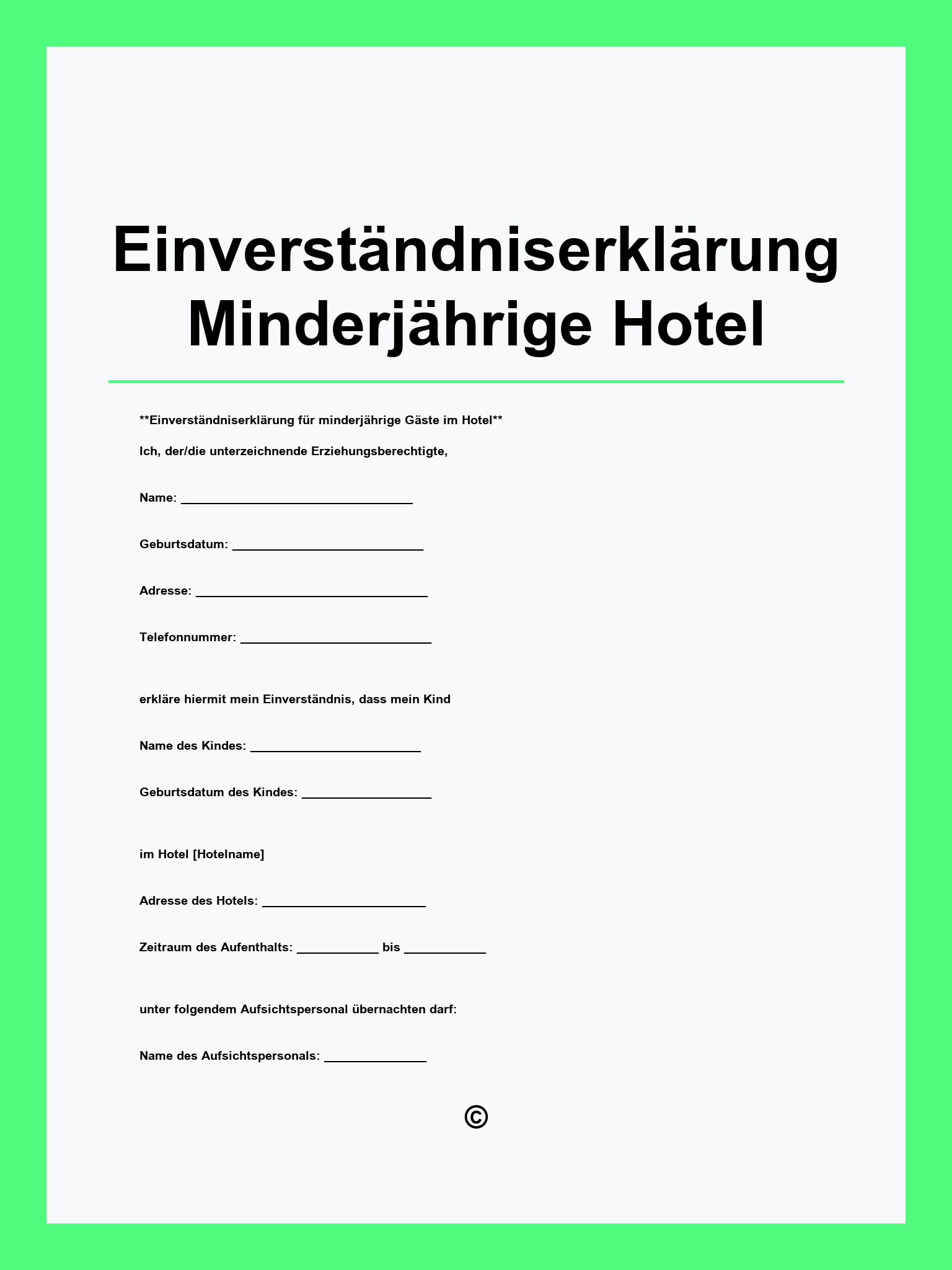 Einverständniserklärung Minderjährige Hotel