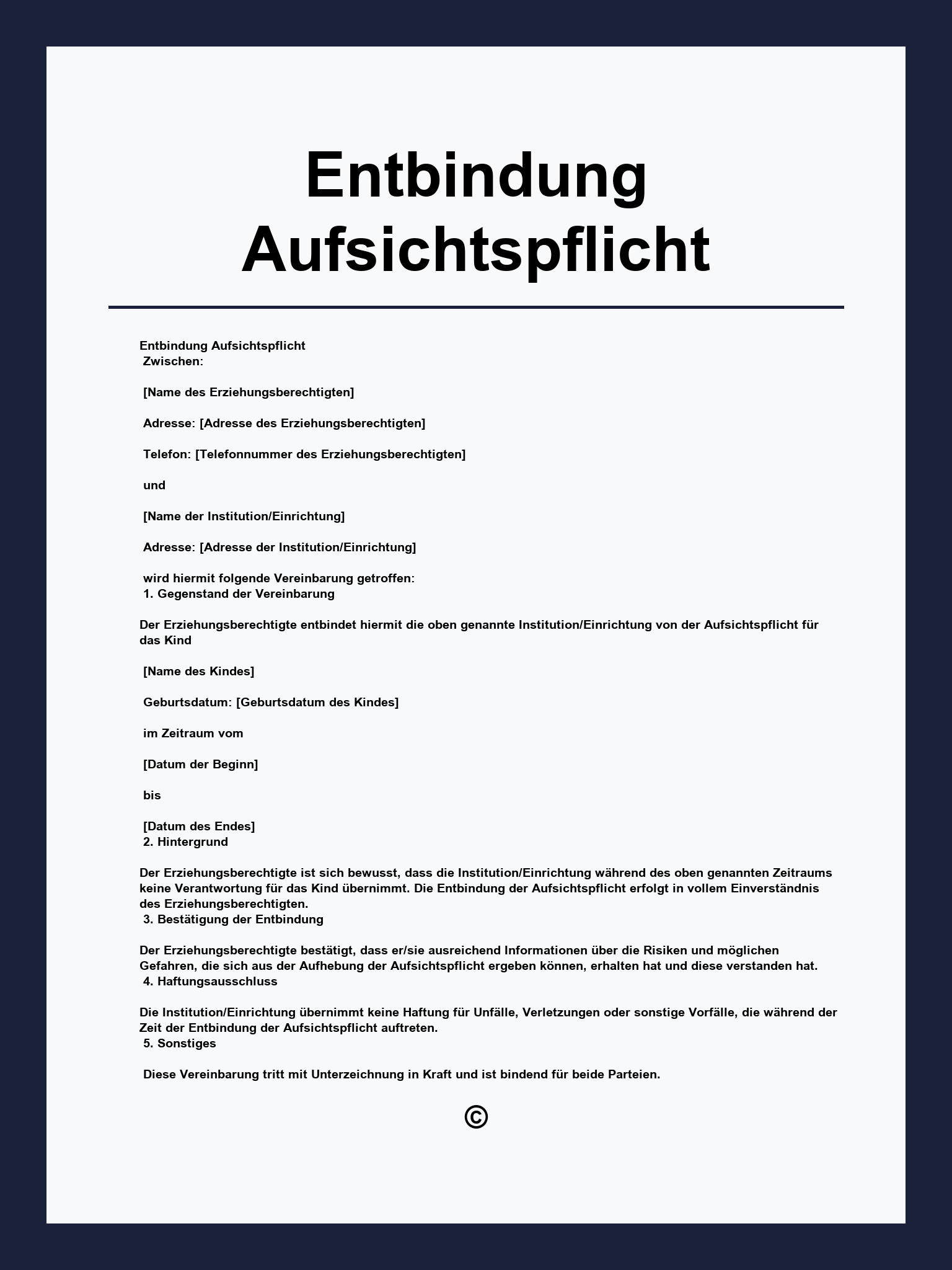Entbindung Aufsichtspflicht Vorlage