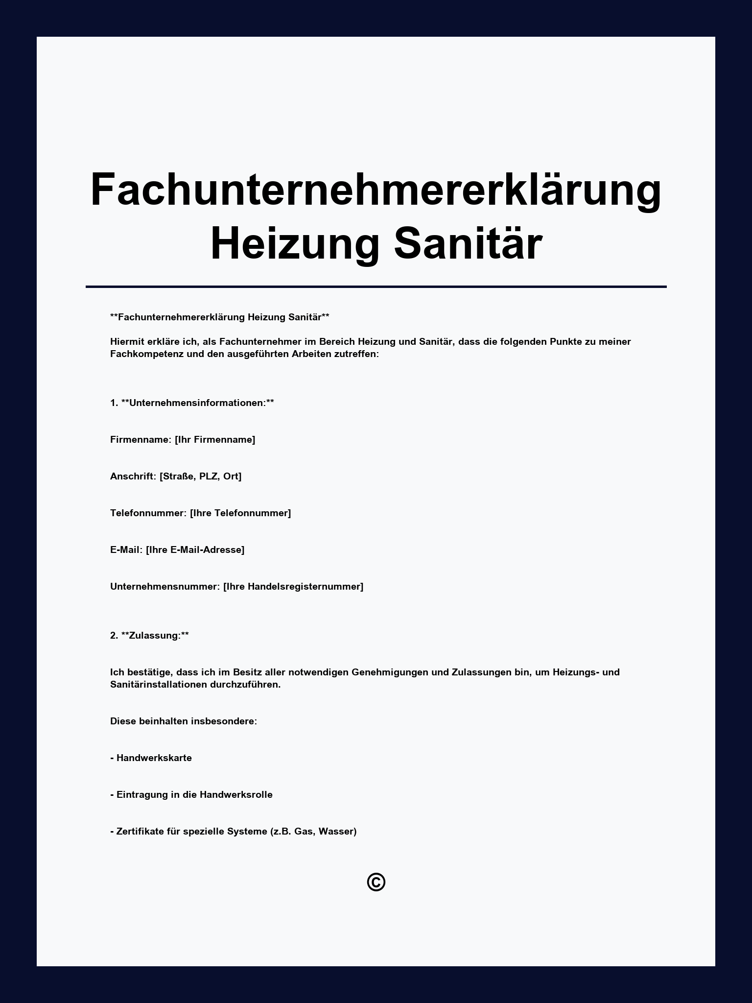 Fachunternehmererklärung Muster Heizung Sanitär