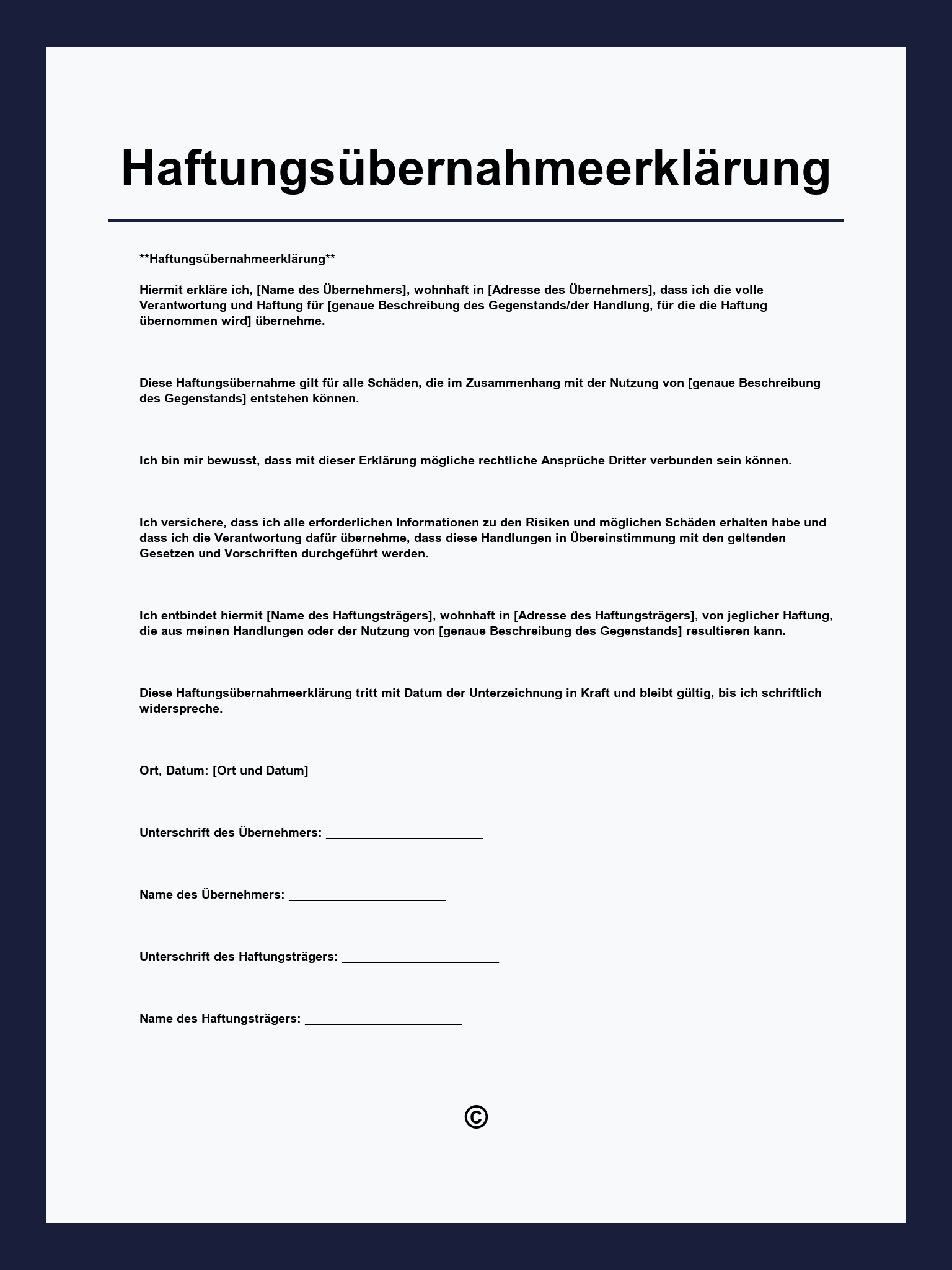 Haftungsübernahmeerklärung Muster