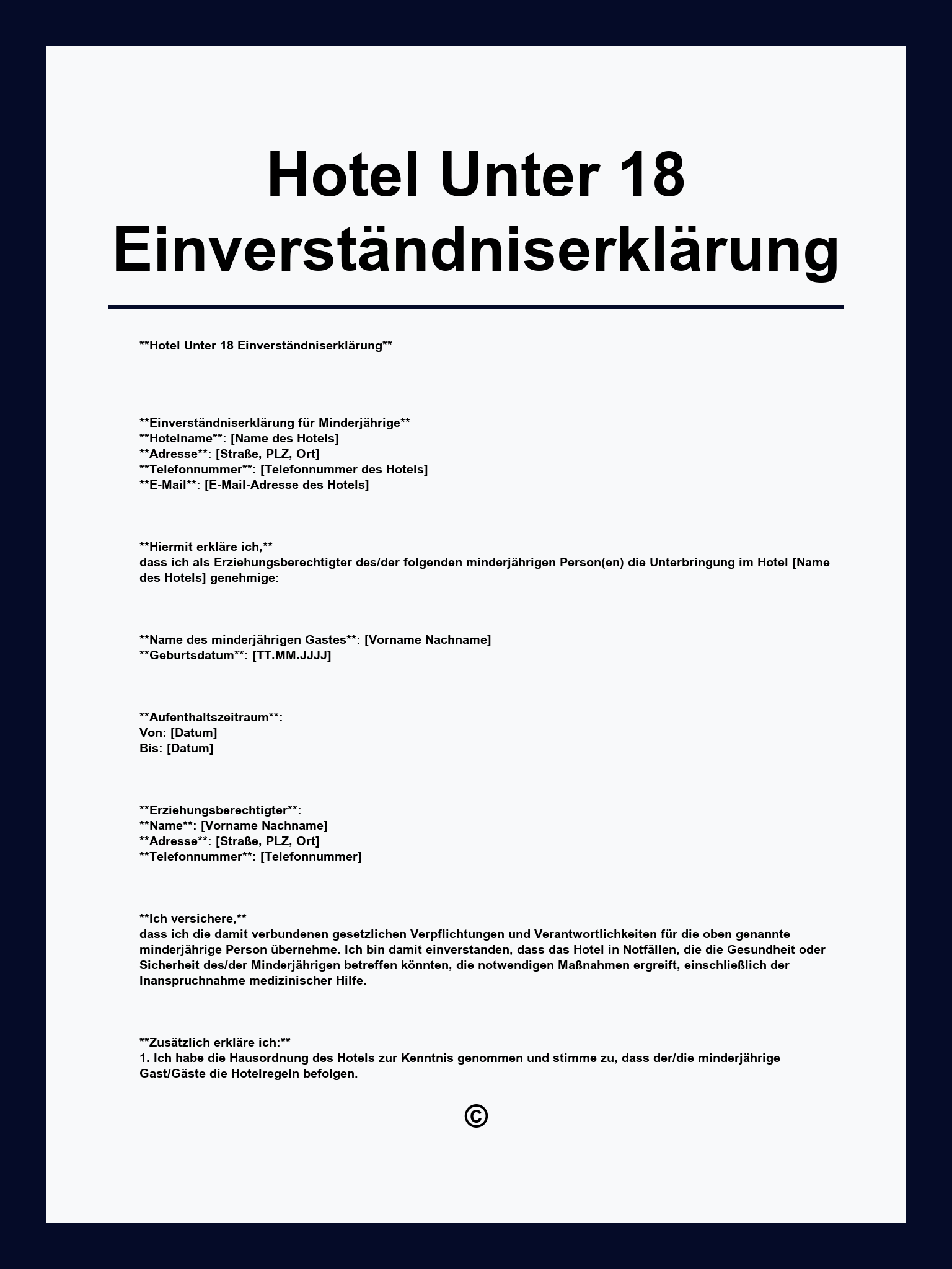 Hotel Unter 18 Einverständniserklärung