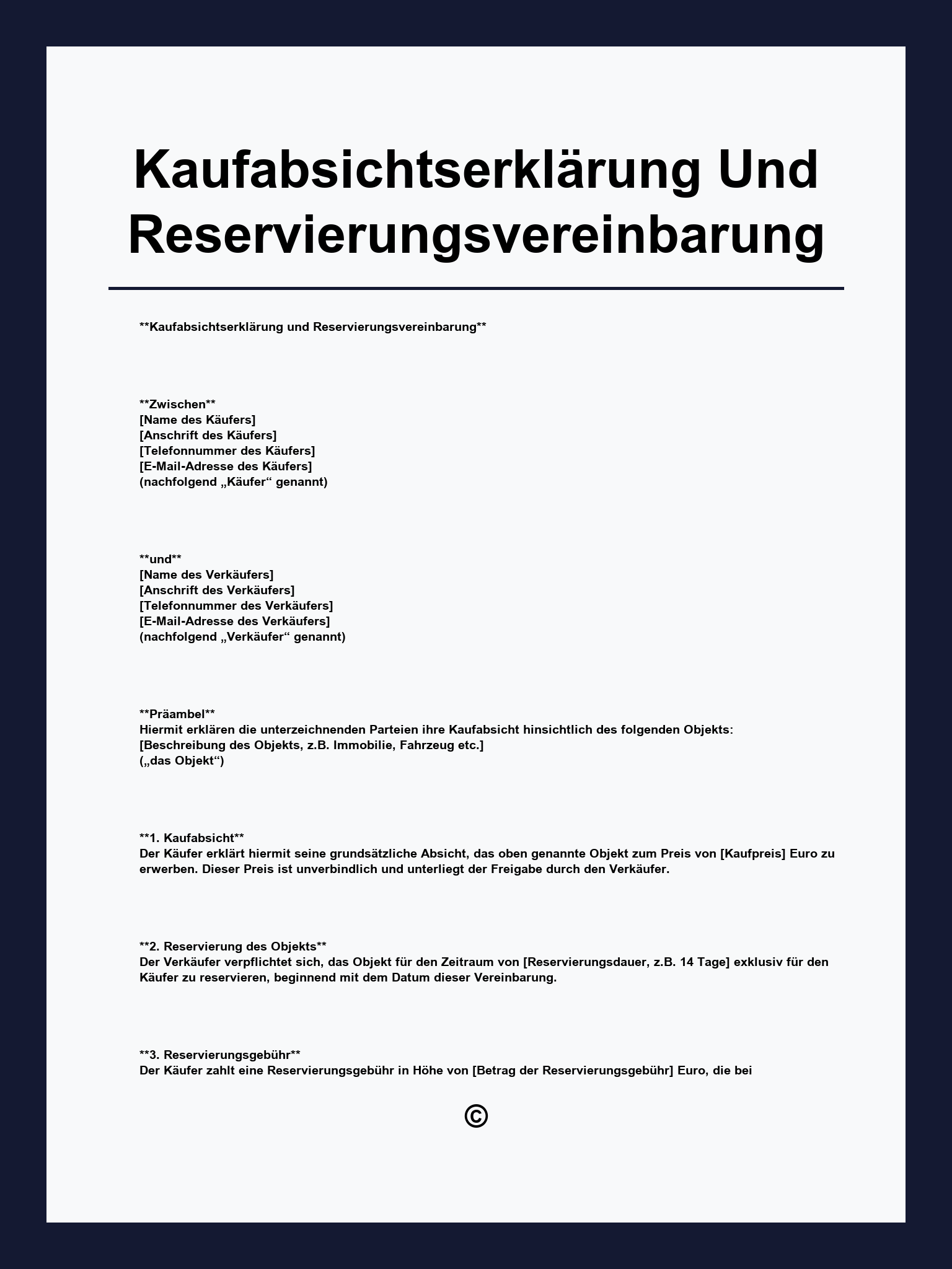 Kaufabsichtserklärung Und Reservierungsvereinbarung