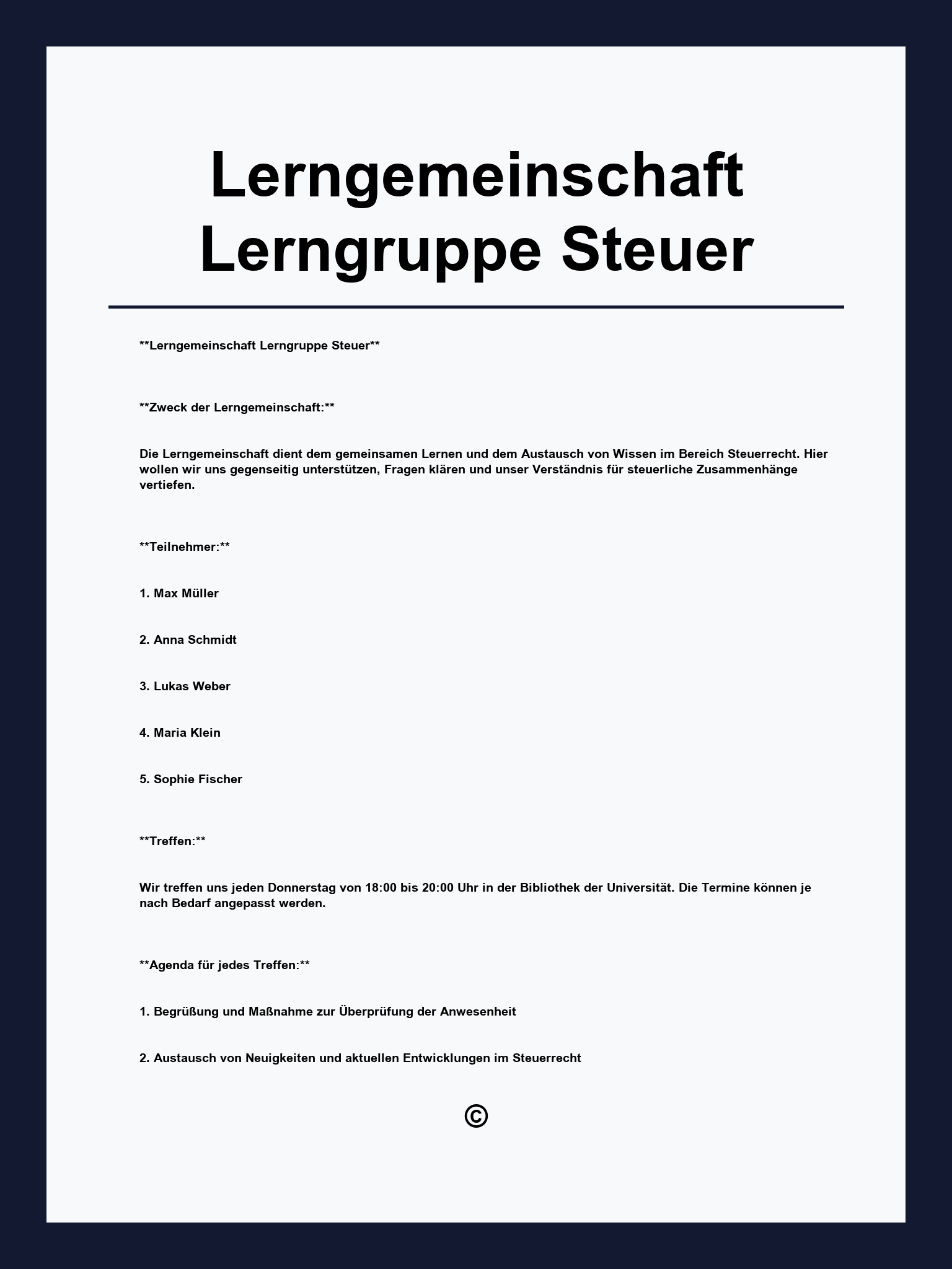 Lerngemeinschaft Lerngruppe Steuer Vorlage