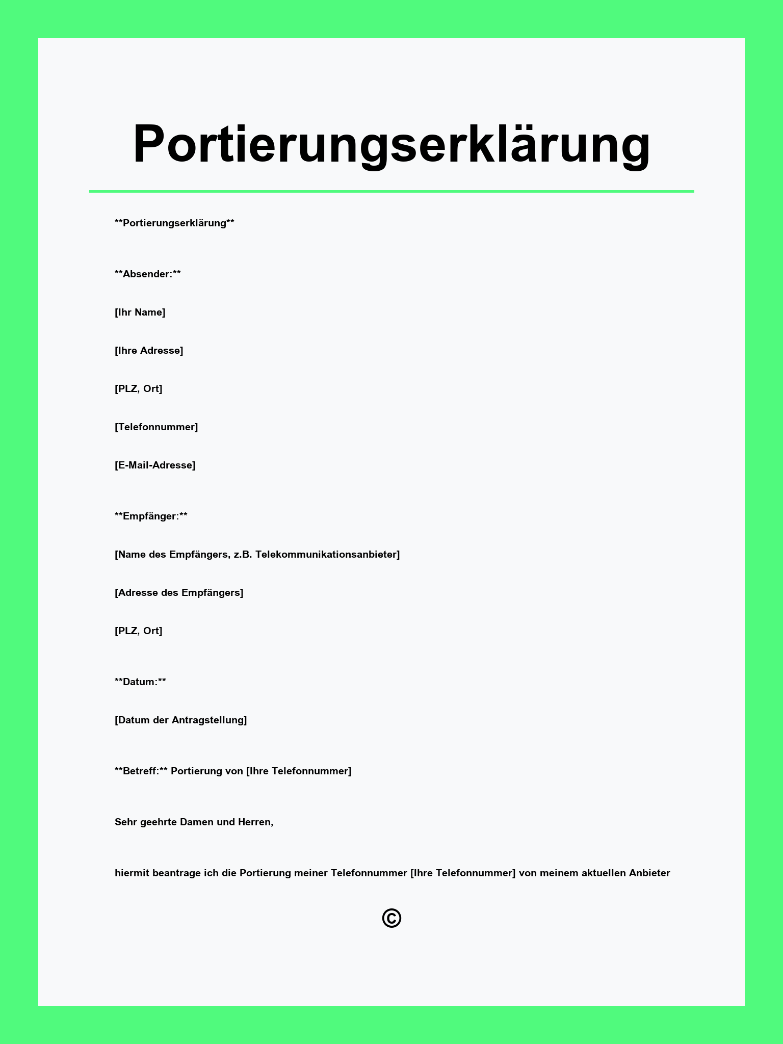 Portierungserklärung Vorlage